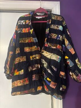 Vintage Bohemian Oversized Black Patchwork Open-Front Jacket Coin Buttons
